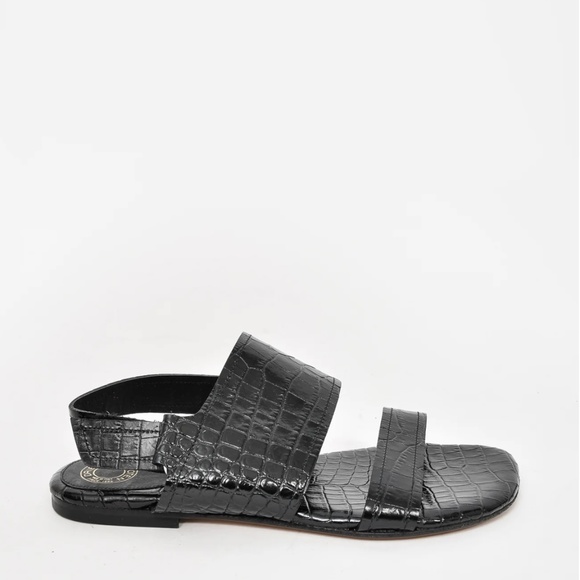 Dries Van Noten Shoes - DRIES VAN NOTEN - Black Croc Embossed Flat Double Strap Sandals